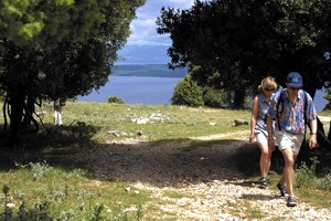 Two people walking on a scenic path near the sea