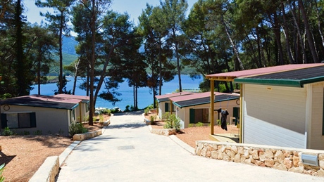 Cabins surrounded by trees with a view of the sea