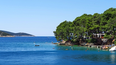 A serene coastal scene with clear blue water and lush green trees