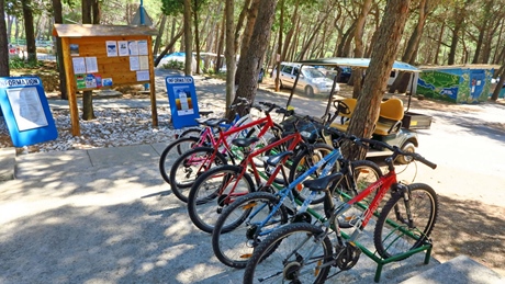 Bicycles parked in a wooded area with informational signs nearby