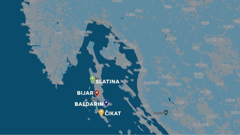 Map showing locations Slatina, Bijar, Baldarin, and Čikat on the islands of Cres and Lošinj
