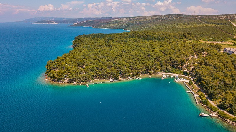 Aerial view of a lush green coastline on the island of Cres with turquoise waters