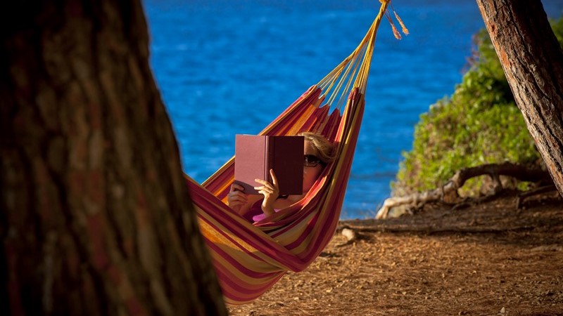 Person reading a book in a hammock by the sea