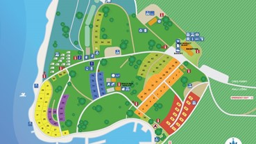 Map of a campsite with numbered plots and facilities on an island
