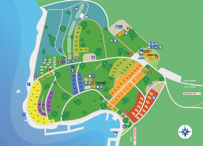 Map of a campsite with numbered plots and facilities on an island